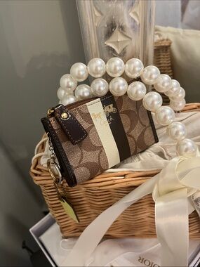 Coach Mini Card Case in Brown Signature Canvas with Cream & Dark Brown Stripe